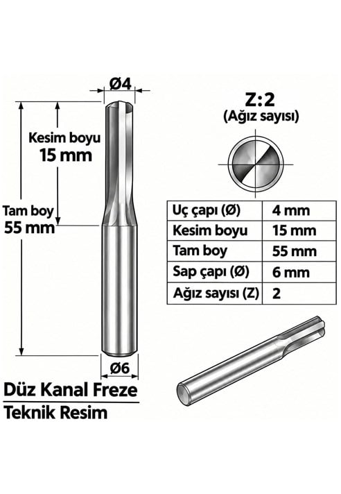 DÜZ KANAL Z: 2 ELMAS KARBÜR FREZE