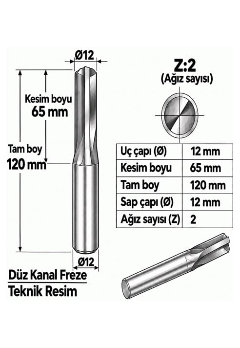 DÜZ KANAL Z: 2 ELMAS KARBÜR FREZE