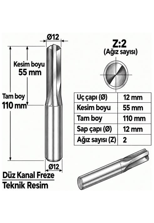 DÜZ KANAL Z: 2 ELMAS KARBÜR FREZE