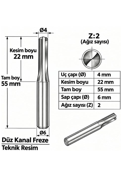 DÜZ KANAL Z: 2 ELMAS KARBÜR FREZE