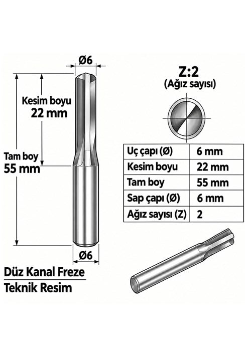 DÜZ KANAL Z: 2 ELMAS KARBÜR FREZE