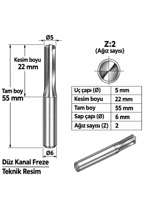 DÜZ KANAL Z: 2 ELMAS KARBÜR FREZE