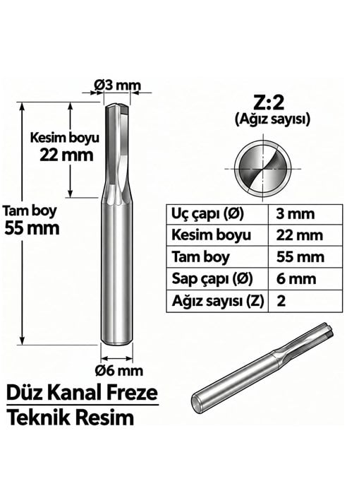 DÜZ KANAL Z: 2 ELMAS KARBÜR FREZE