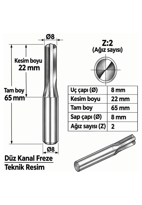 DÜZ KANAL Z: 2 ELMAS KARBÜR FREZE