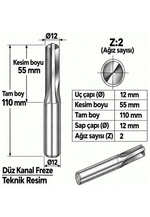 DÜZ KANAL Z: 2 ELMAS KARBÜR FREZE