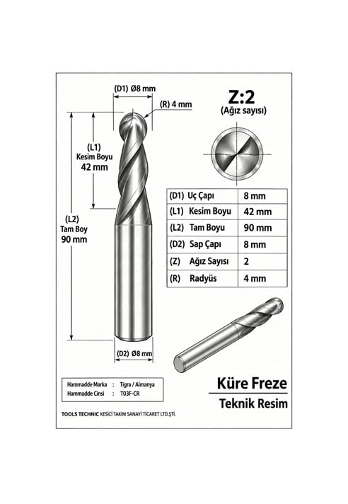 KÜRE Z:2 ELMAS KARBÜR FREZE