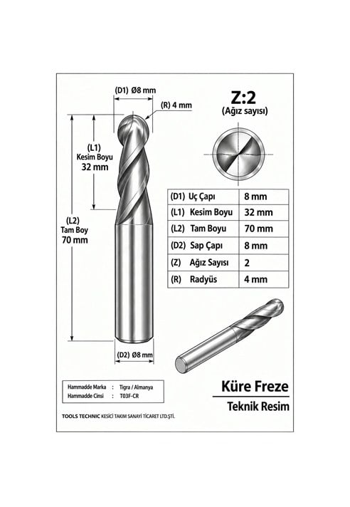 KÜRE Z:2 ELMAS KARBÜR FREZE