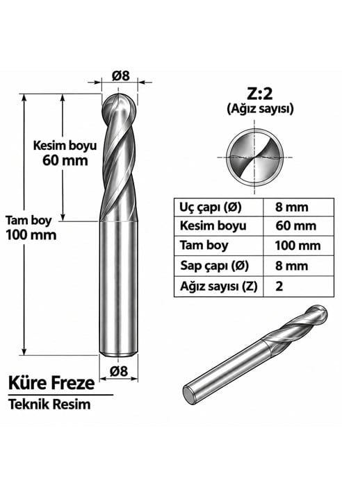 KÜRE Z:2 ELMAS KARBÜR FREZE