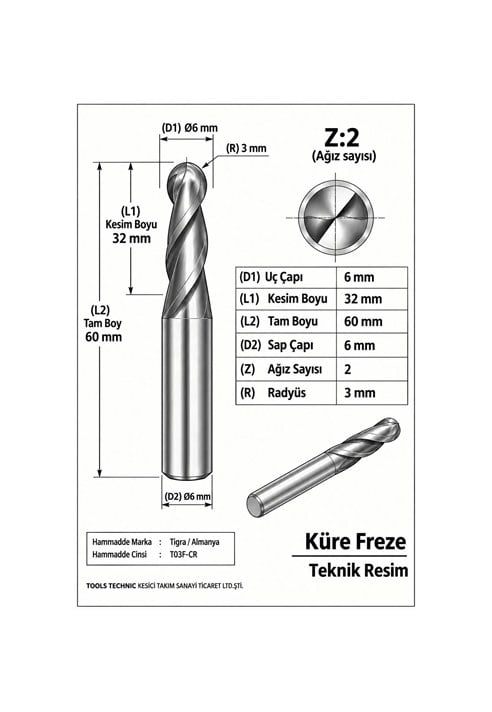 KÜRE Z:2 ELMAS KARBÜR FREZE