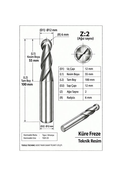 KÜRE Z:2 ELMAS KARBÜR FREZE
