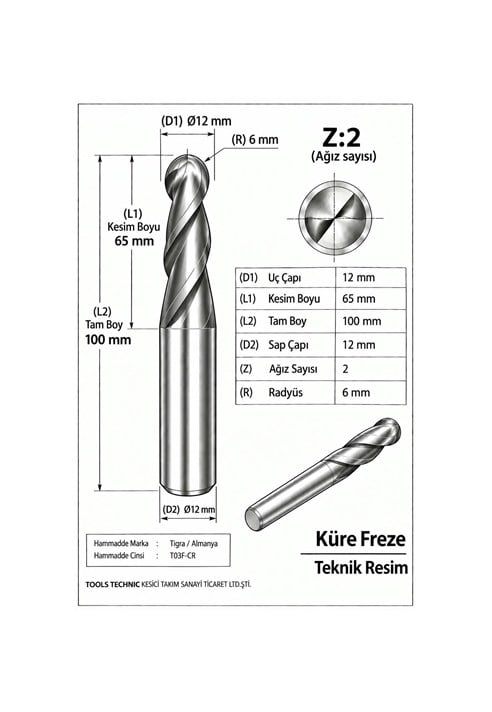 KÜRE Z:2 ELMAS KARBÜR FREZE
