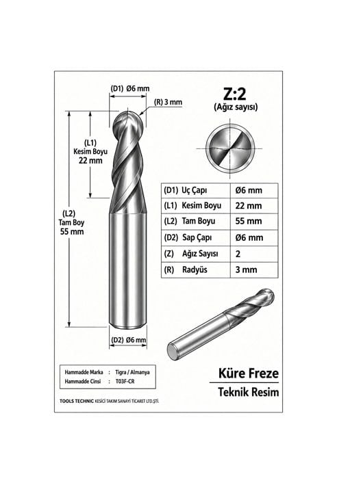 KÜRE Z:2 ELMAS KARBÜR FREZE