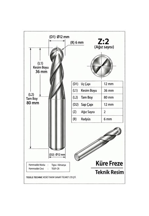 KÜRE Z:2 ELMAS KARBÜR FREZE