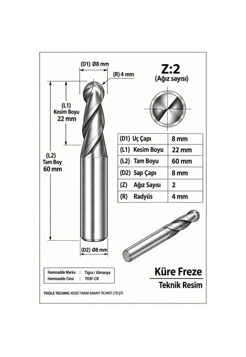 KÜRE Z:2 ELMAS KARBÜR FREZE