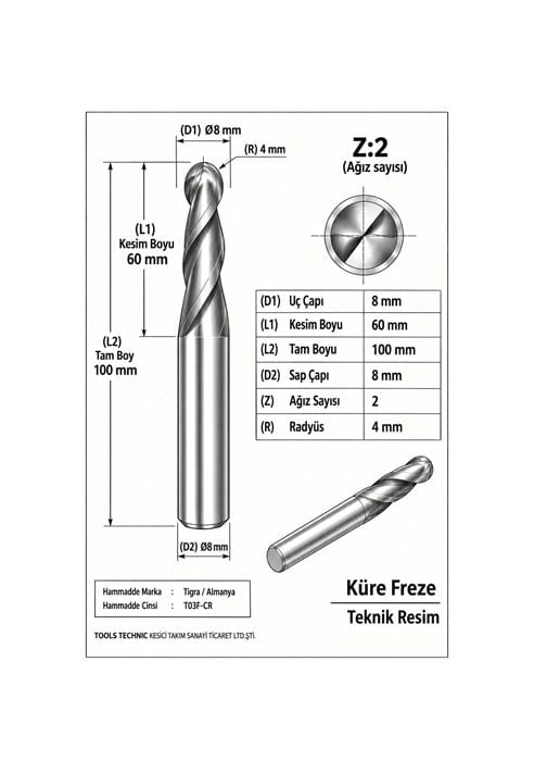 KÜRE Z:2 ELMAS KARBÜR FREZE