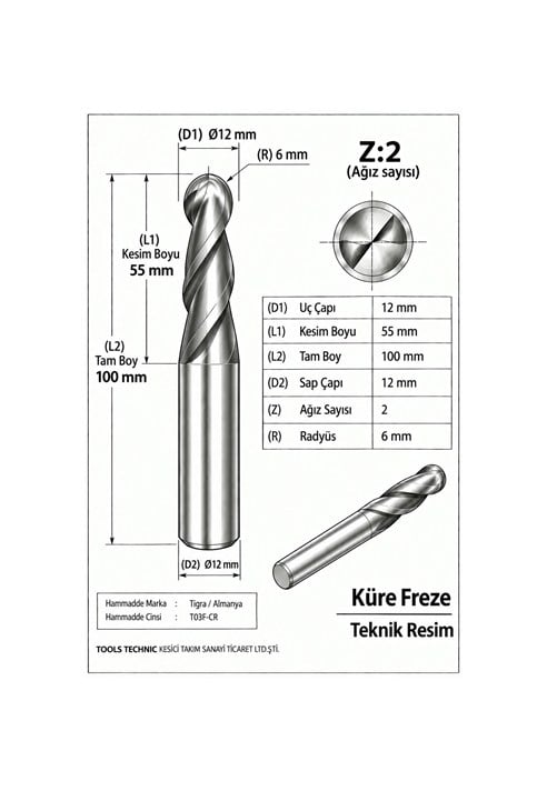 KÜRE Z:2 ELMAS KARBÜR FREZE