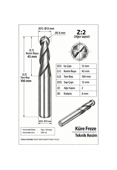 KÜRE Z:2 ELMAS KARBÜR FREZE