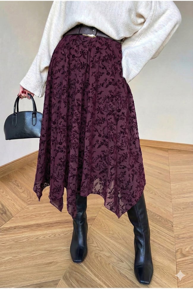 bordo Flok Baskılı Asimetrik Kesim yeni sezon midi boyTül Etek