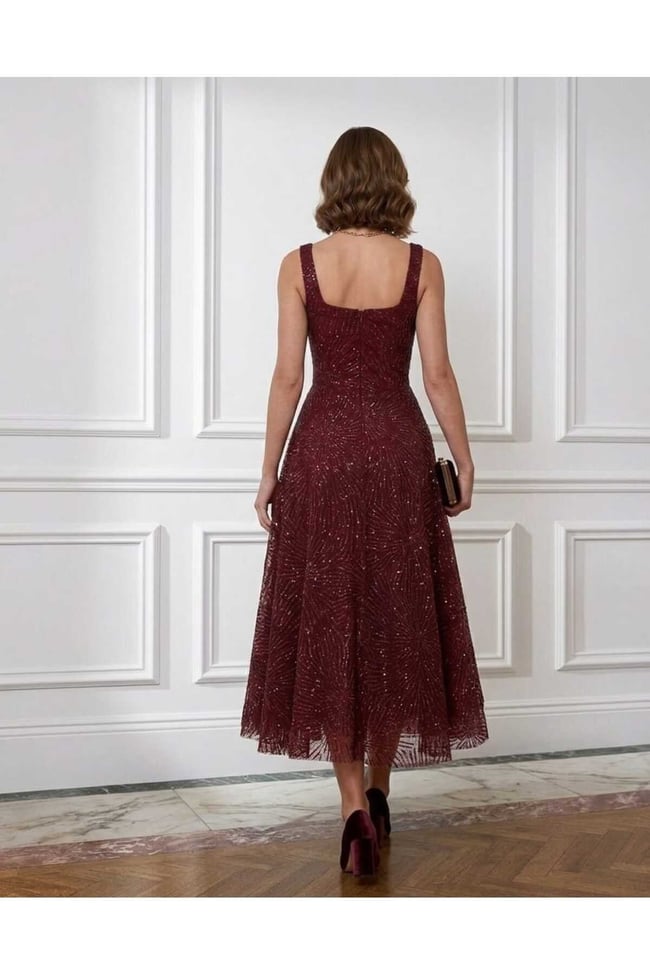 Bordo Işıltılı simli Jacquard Dokulu Kare Yaka Couture premium abiye Elbise