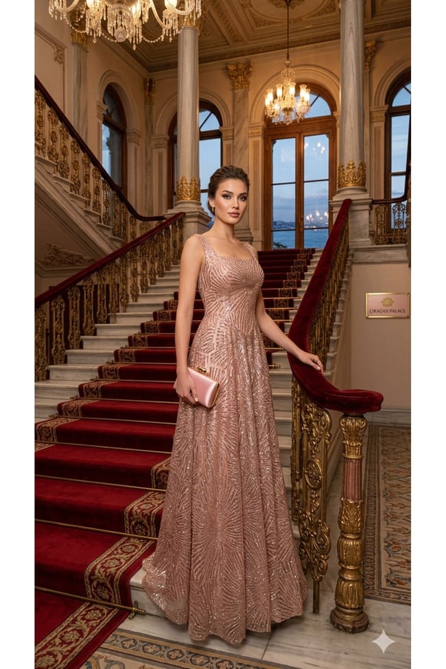 Çırağan Serisi - Rose Gold Işıltılı Geometrik Desenli Kare Yaka Prenses Kesim sim baskı Abiye Elbise