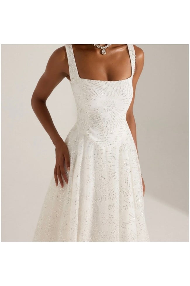 Işıltılı simli Jacquard Dokulu Kare Yaka Couture premium abiye Elbise