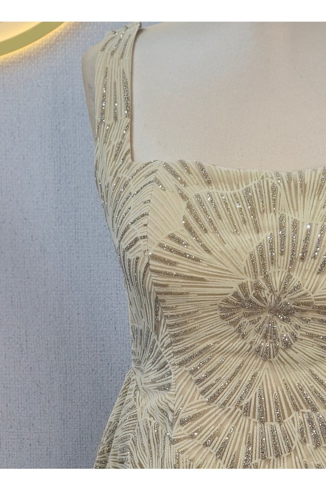 Işıltılı simli Jacquard Dokulu Kare Yaka Couture premium abiye Elbise