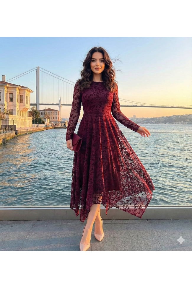 Kadın bordo Tül Üzeri Flok Baskılı Asimetrik Kesim Elbise