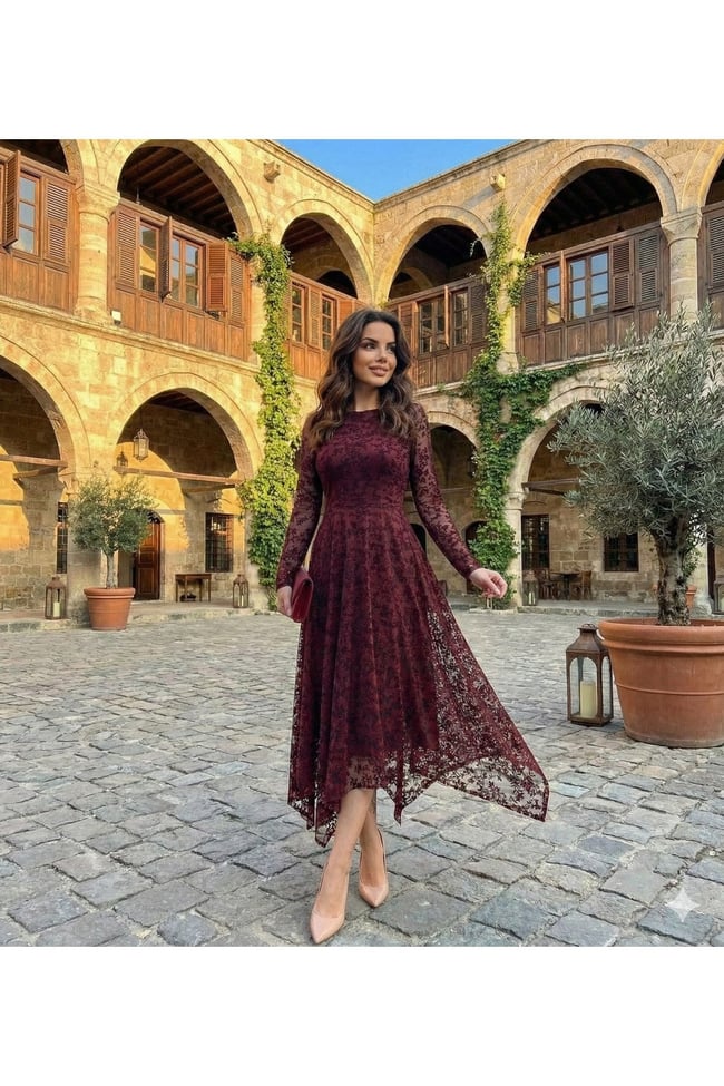 Kadın bordo Tül Üzeri Flok Baskılı Asimetrik Kesim Elbise