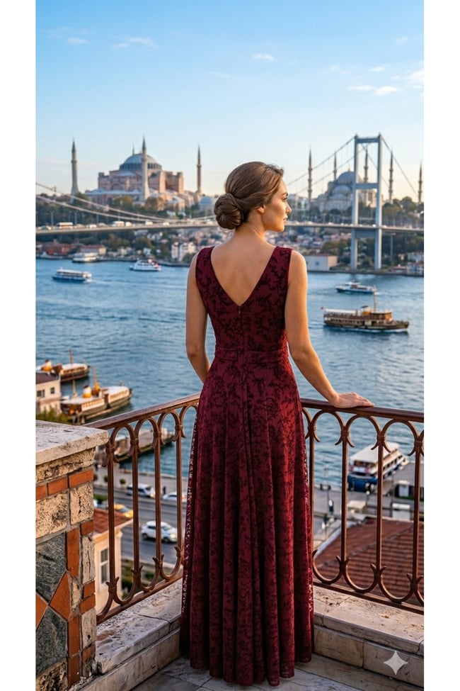 Kadın Kadife Dokulu Flok Baskılı Transparan Detaylı Luxury Uzun Elbise