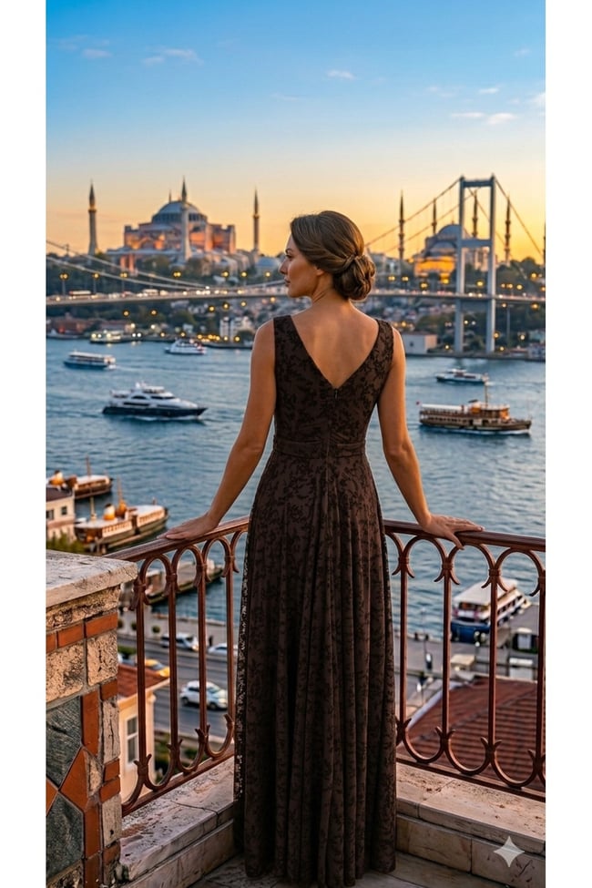 Kadın Kadife Dokulu Flok Baskılı Transparan Detaylı Luxury Uzun Elbise