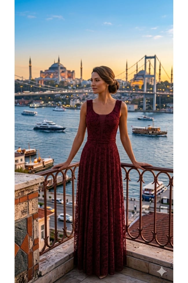 Kadın Kadife Dokulu Flok Baskılı Transparan Detaylı Luxury Uzun Elbise