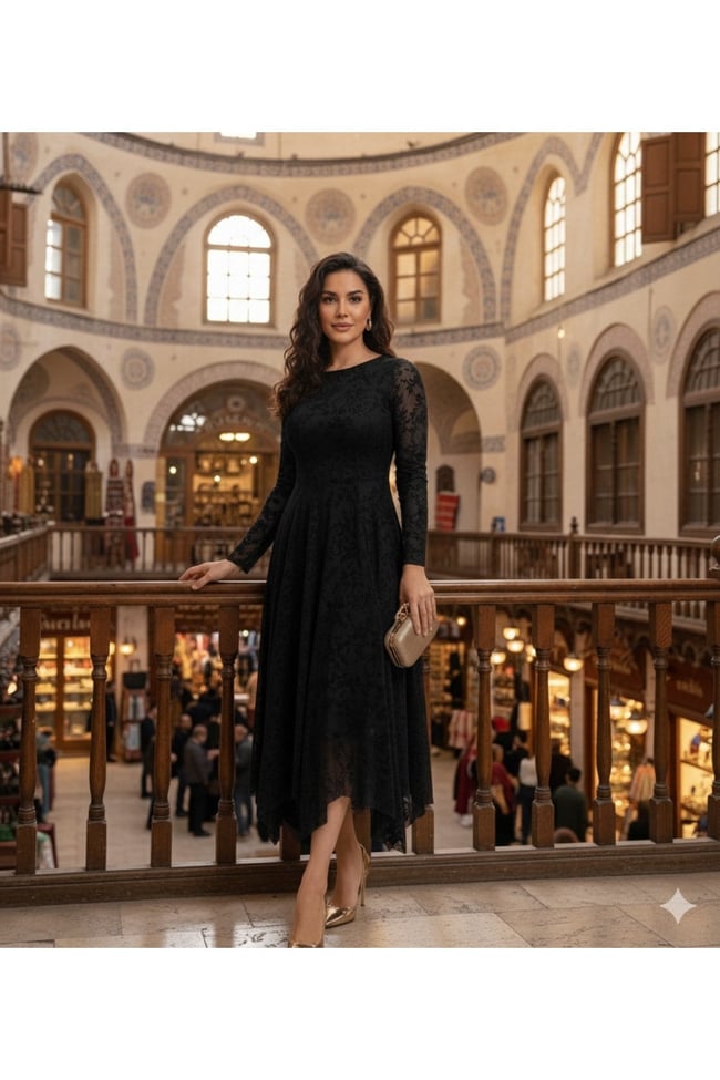 Kadın siyah Tül Üzeri Flok Baskılı Asimetrik Kesim Elbise