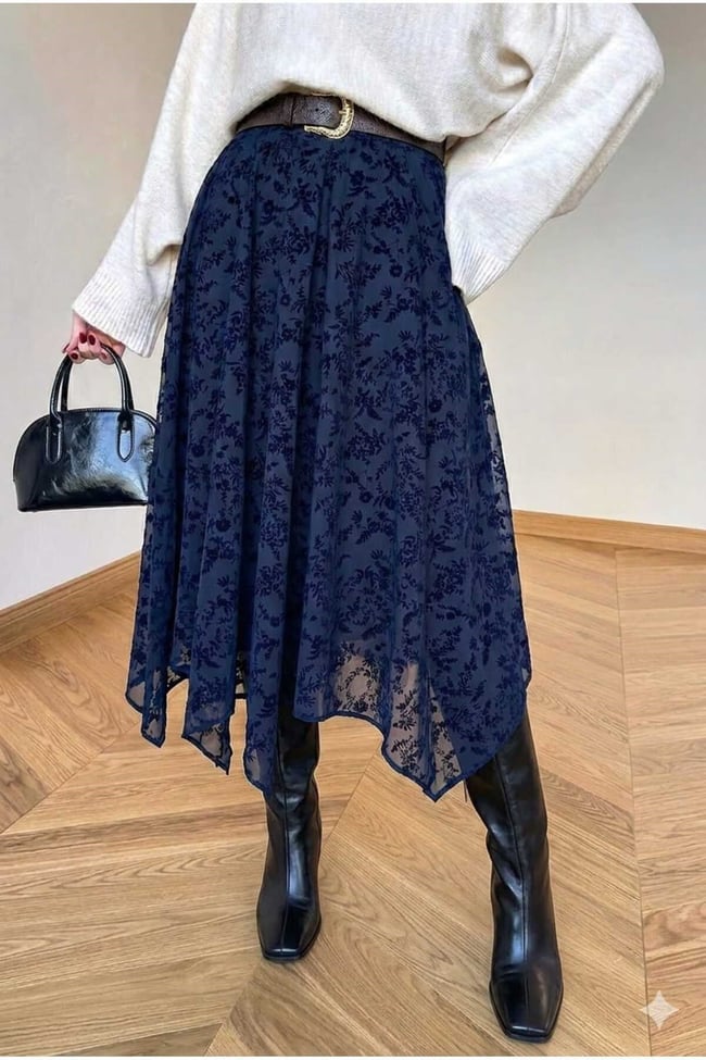 LACİVERT Flok Baskılı Asimetrik Kesim yeni sezon midi boy Tül Etek