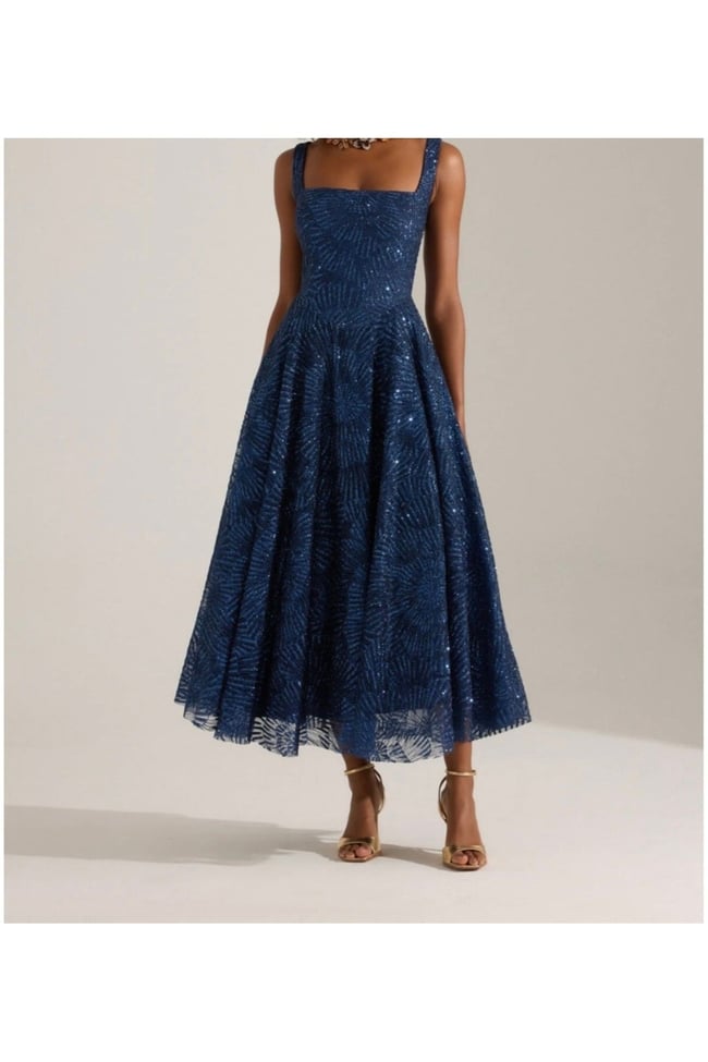 lacivert Işıltılı simli Jacquard Dokulu Kare Yaka Couture premium abiye Elbise