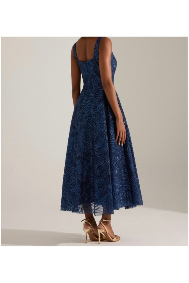 lacivert Işıltılı simli Jacquard Dokulu Kare Yaka Couture premium abiye Elbise