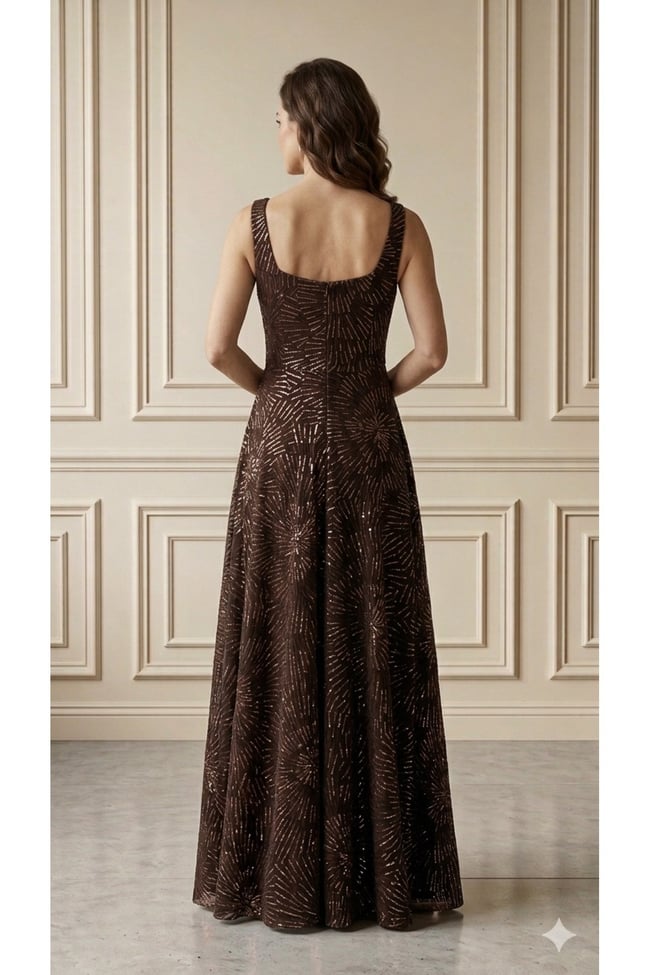 Luxury Series - Kahve & Bakır Işıltılı Flok Baskılı Kare Yaka Premium Abiye Elbise
