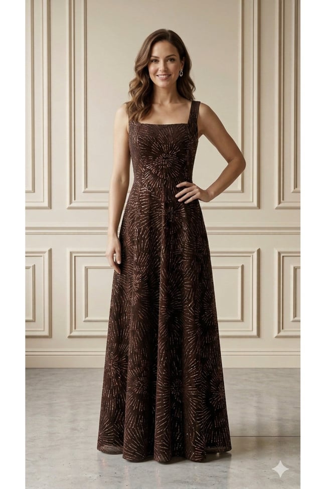 Luxury Series - Kahve & Bakır Işıltılı Flok Baskılı Kare Yaka Premium Abiye Elbise