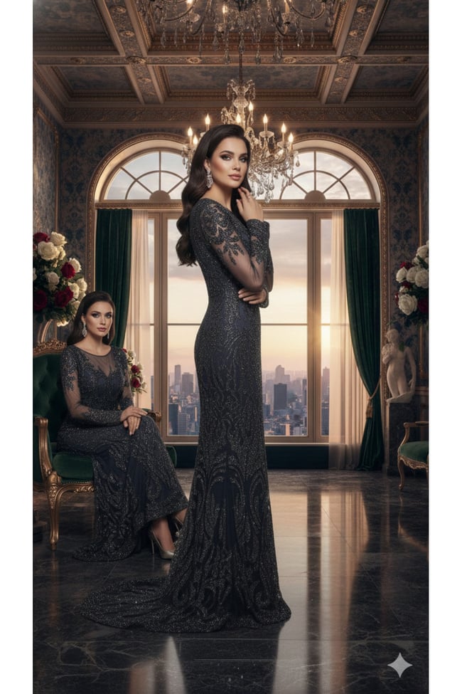 MILANO ATELIER Lüks Abiye - Uzun Kollu Kristal baskılı gri uzun Elbise(nakış değildir baskıdır)