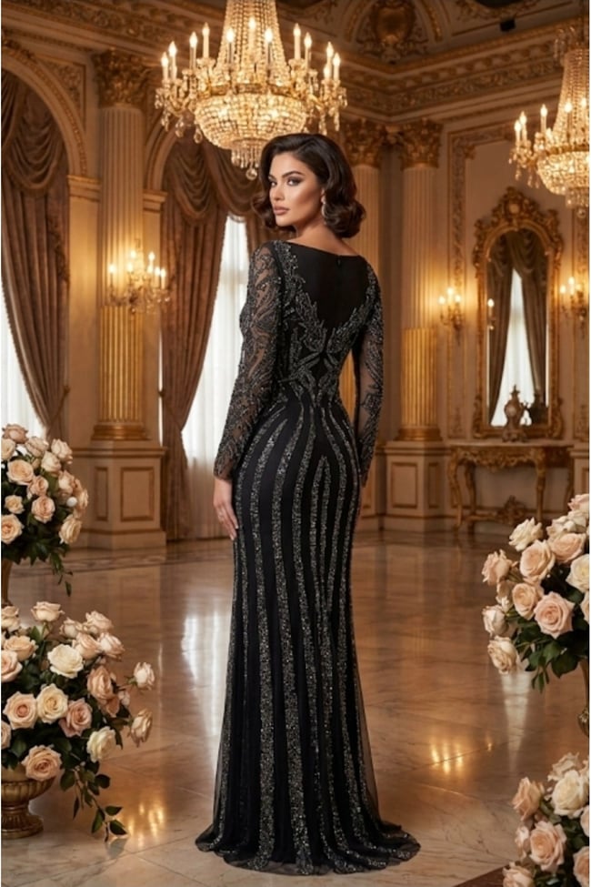 Milano Studio Premium Collection El İşçiliği Kristal Taşlı, İtalyan Kesim Siyah tasarım Abiye