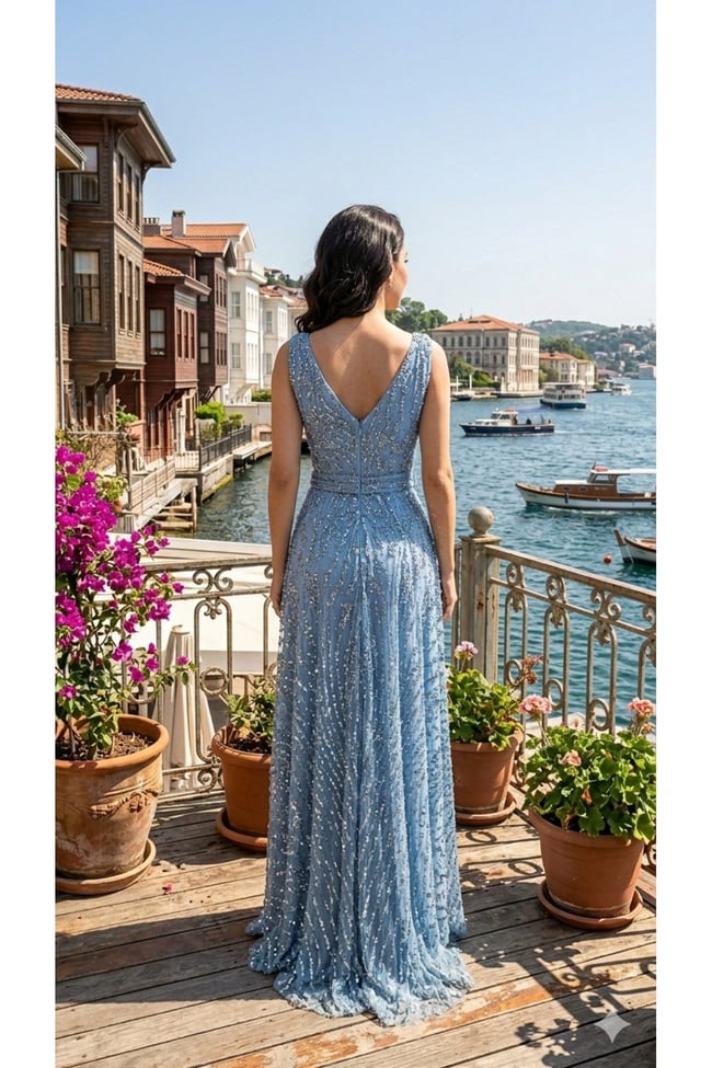 Premium Koleksiyon,taş ve Payet baskılı Tasarım mavi Gece Elbisesi,abiye elbise,Limited Edition