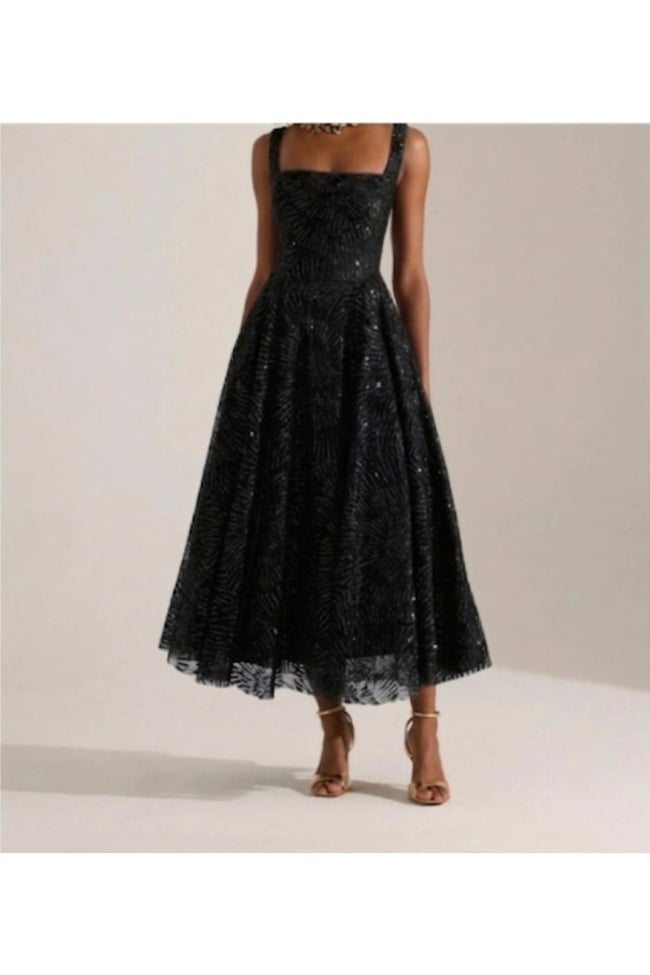 Siyah Işıltılı simli Jacquard Dokulu Kare Yaka Couture premium abiye Elbise