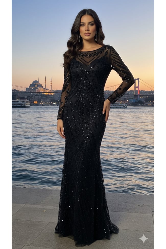Siyah Kristal Taş ve Payet İşlemeli Uzun Kollu Abiye Elbise - Özel Tasarım Göz Alıcı Gece Kıyafeti