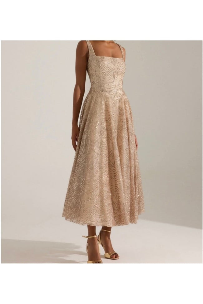 vizon Işıltılı simli Jacquard Dokulu Kare Yaka Couture premium abiye Elbise