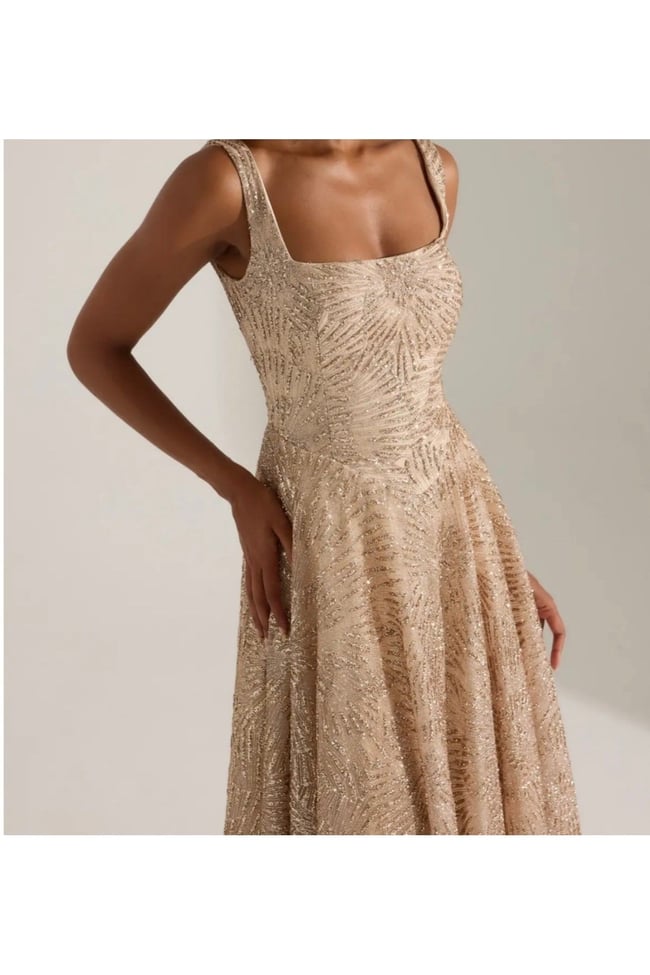 vizon Işıltılı simli Jacquard Dokulu Kare Yaka Couture premium abiye Elbise