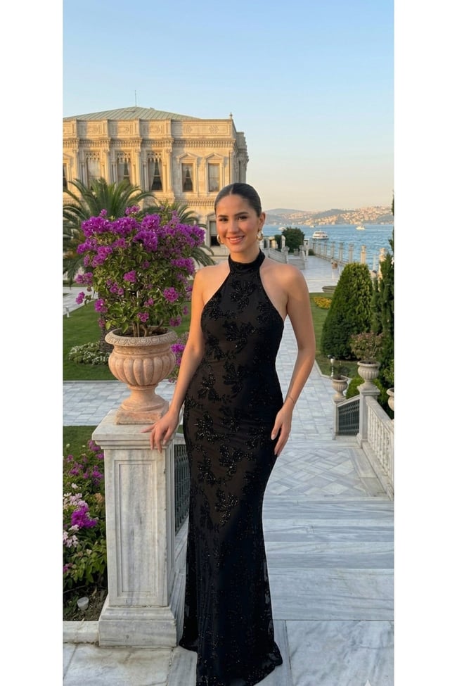 Zarif Işıltılı Halter Yaka Dokulu Simli Abiye & Mezuniyet& şık gece Elbisesi