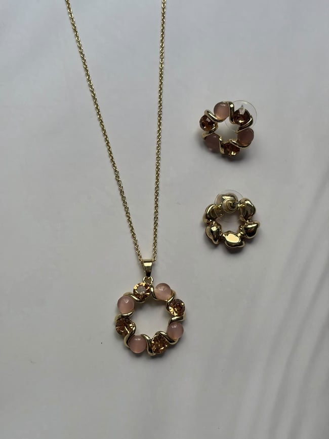 Pembe-Kehribar Daire Kolye Küpe Set