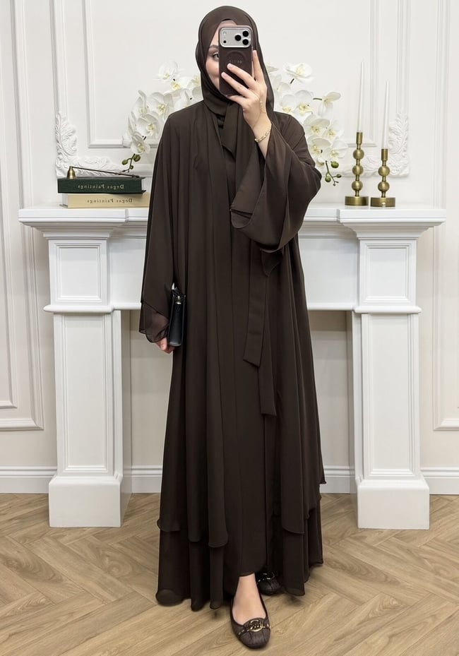 Diamond Abaya Takım Kahverengi