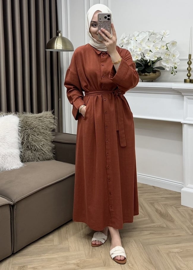 Karina Keten Gömlek Elbise Kiremit