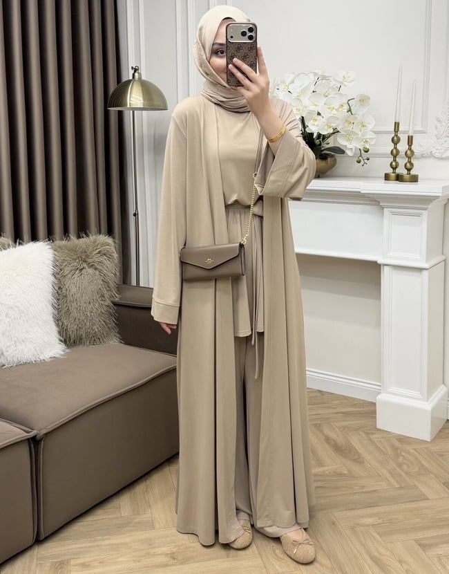 Pena Oysho Pantolonlu Abaya Takım Vizon(Ön sipariş)