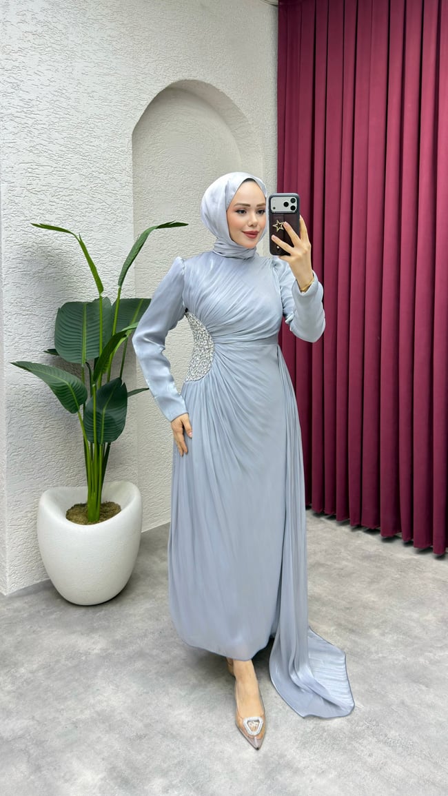 Ahu Beli Taşlı Janjan Abiye 8082 Gri